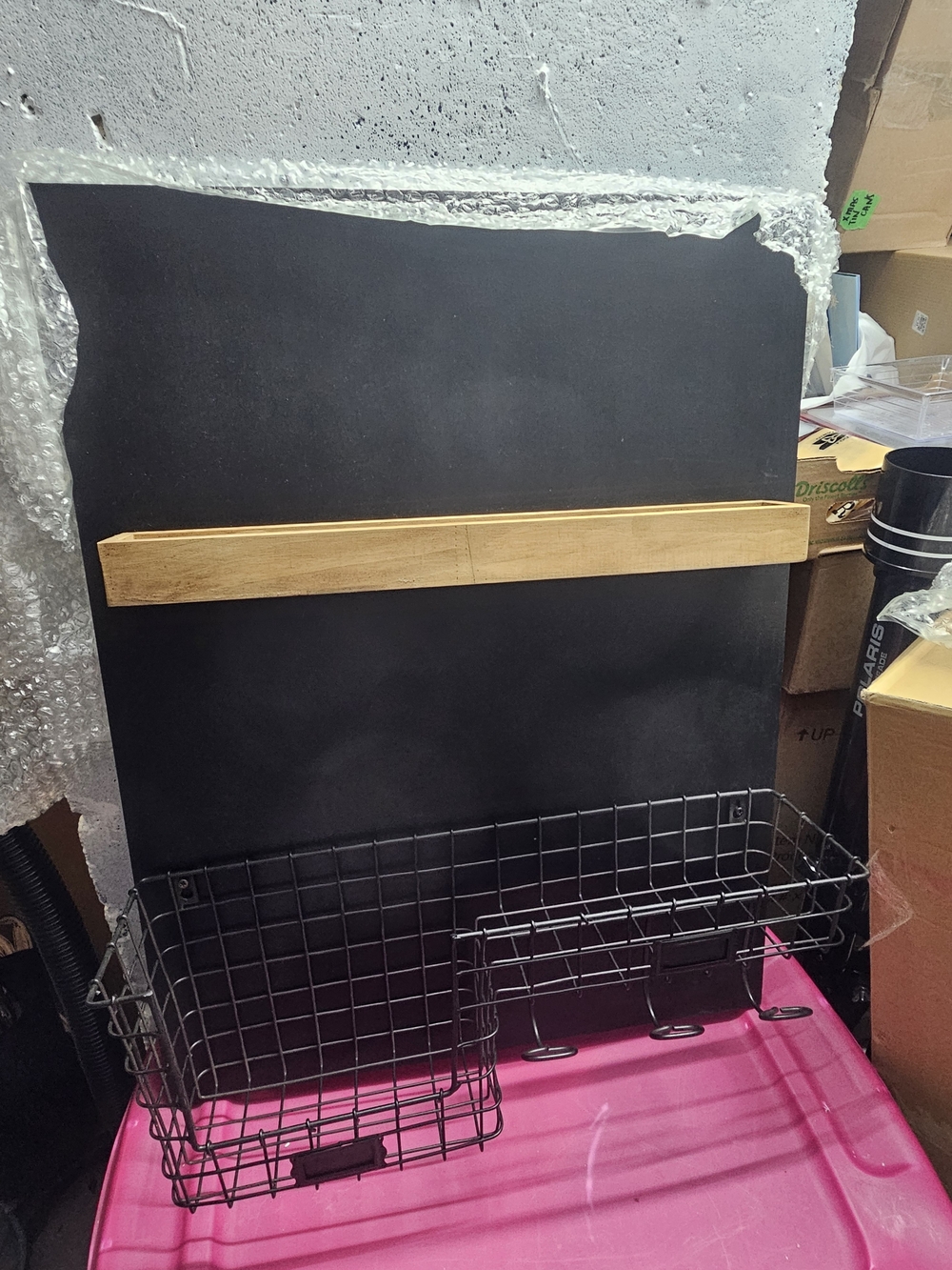 BN Wall-Mount Chalkboard Organizer with Wooden Shelf and Wire Baskets - Black
